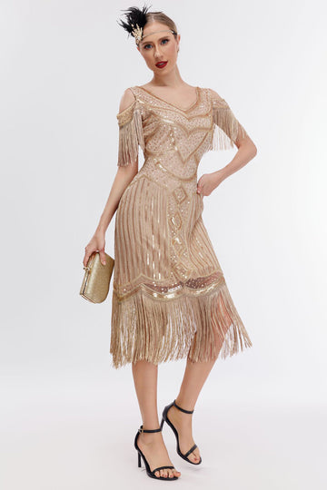 Champagne Cold Shoulder Fringes 1920-tallet Gatsby kjole med 20s tilbehør sett